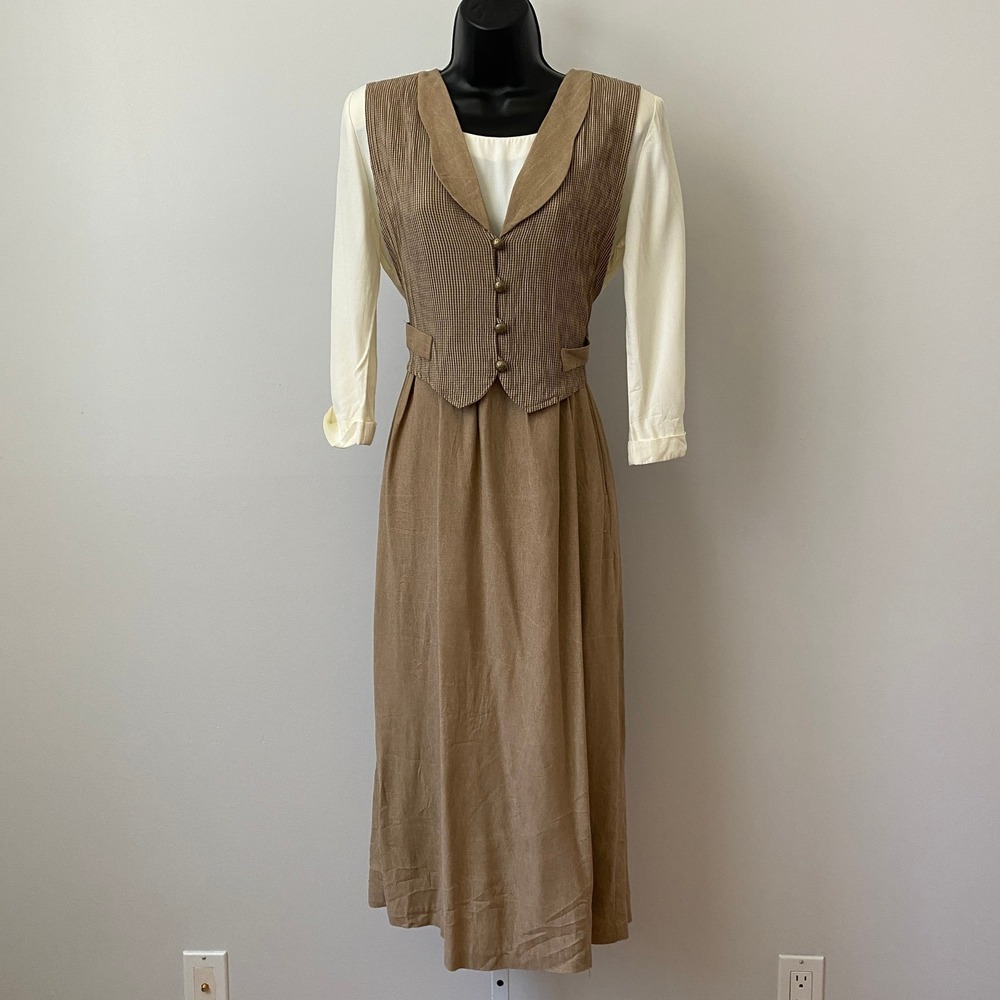 Byer Studio 8P Brown Faux Vest Midi Dress Long Sleeve Plaid Accent Academia